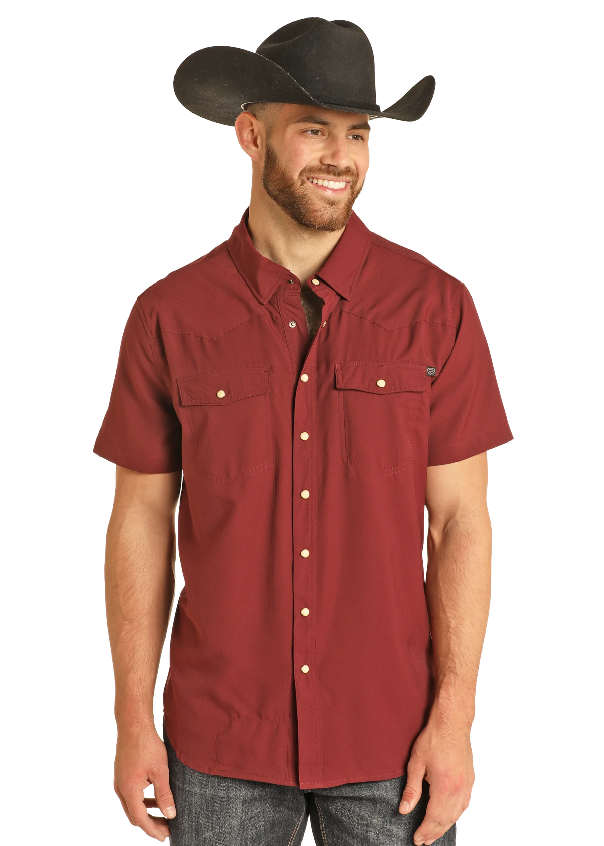 Men’s Rock & Roll Maroon Tek Short Sleeve Pearlsnap Button-up