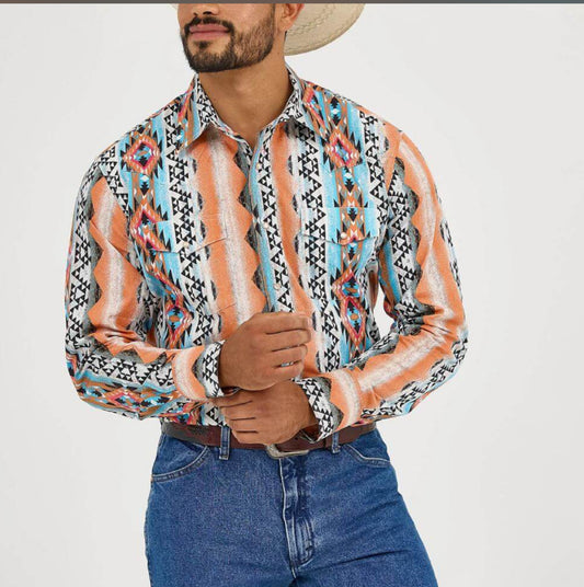 Wrangler Mens Checotah Western Printed Shirt Orange