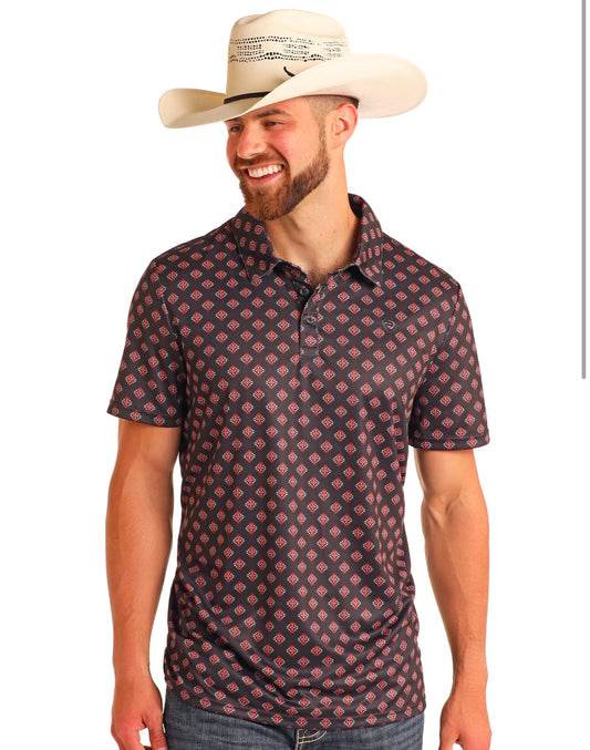 Rock&Roll Denim Aztec Printed Polo- Black