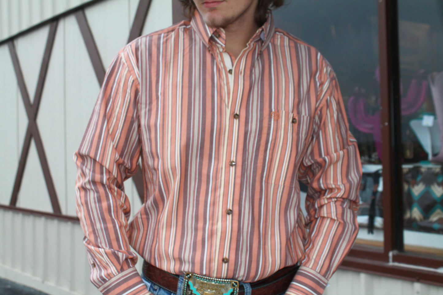 Men’s Wrangler George Strait Brown Striped Long Sleeve