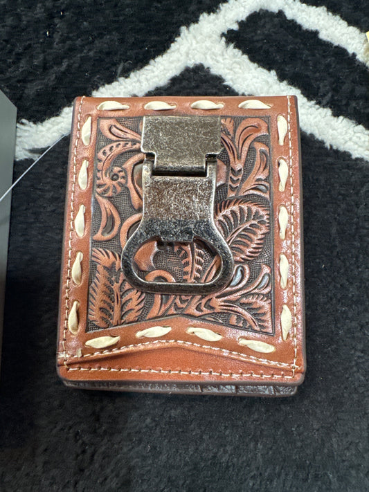 NOCONA WESTERN MENS BIFOLD MONEY CLIP FLORAL BUCK LACE STITCH TAN