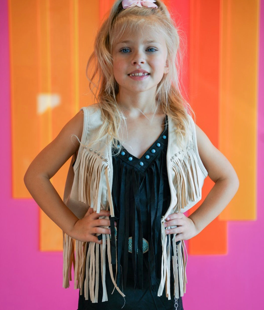 Girl's Cream Suede Fringe Vest