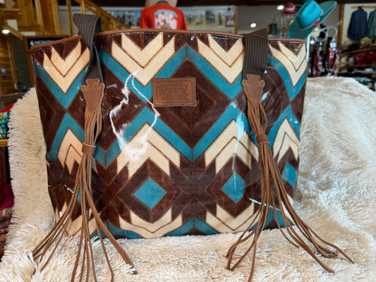 "MONTEZUMA" BROWN/TURQUOISE AZTEC LARGE TOTE