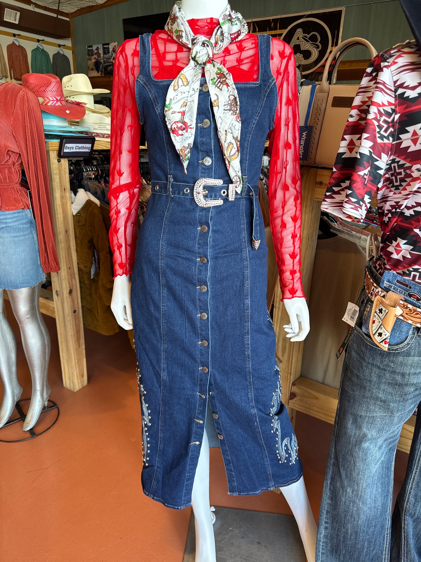Denim Concho Button Down Buckle Dress w Boot Stitch embroidery