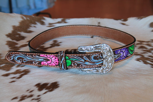 Angel Ranch Kids Belt - Leather Floral Tooled, Hand Painted