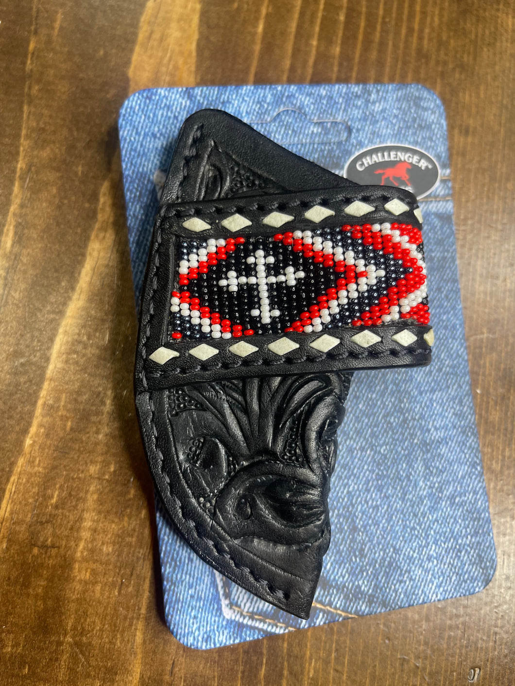 Western Floral Black Knife Sheath W/ Red Beads