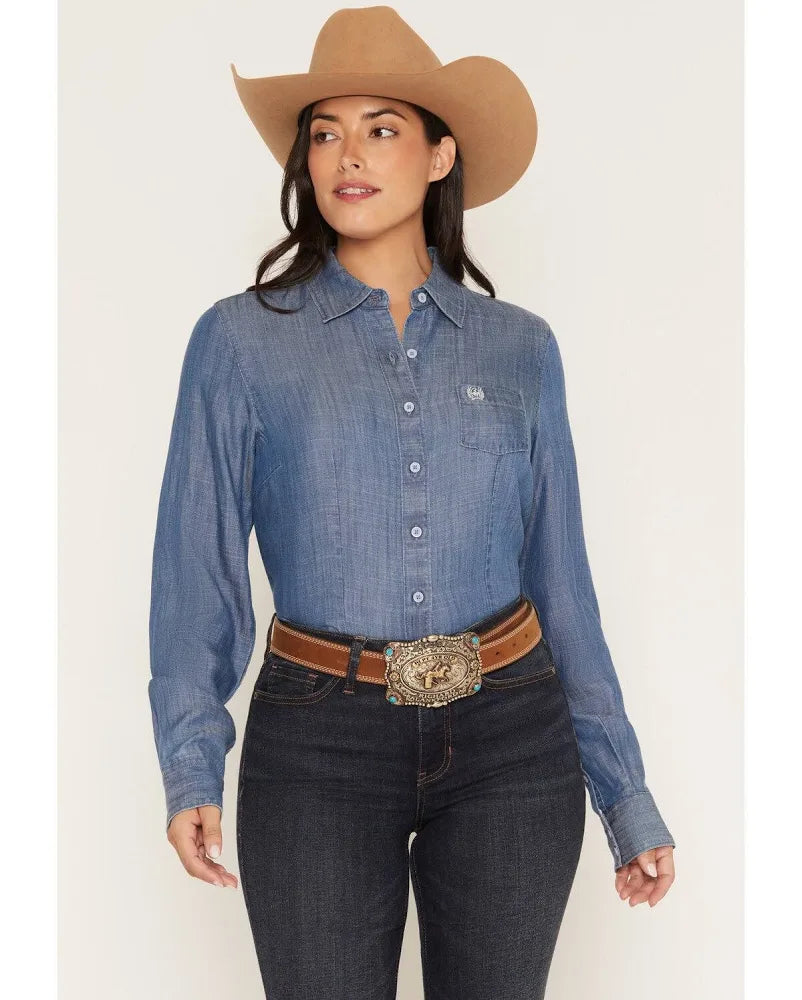 Cinch Women's Chambray Long Sleeve Button-Down Western Shirt 🤠