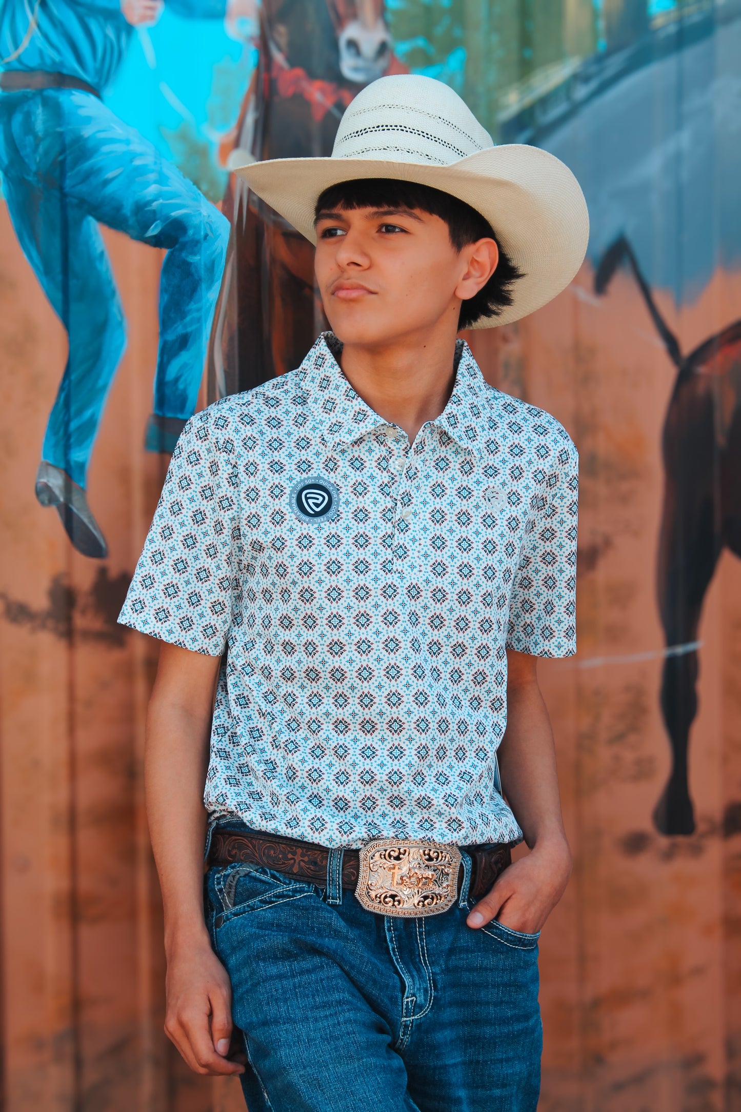 Men’s ROCK & ROLL DENIM MEDALLION PRINT POLO - NATURAL