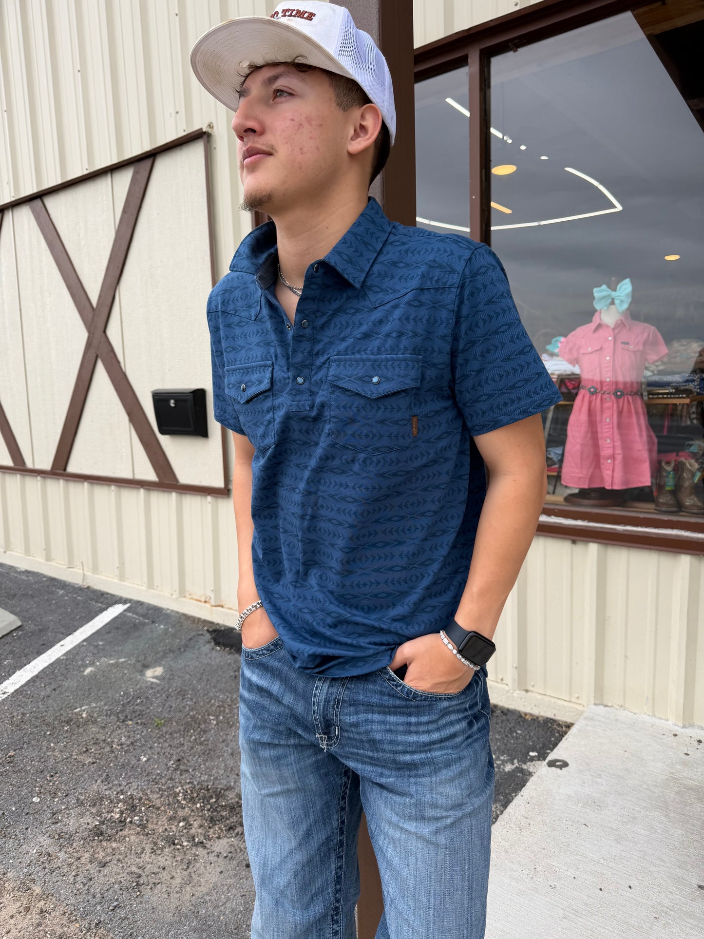 Ariat Mens Retro Western Snap Polo Shirt Dark Denim☑️