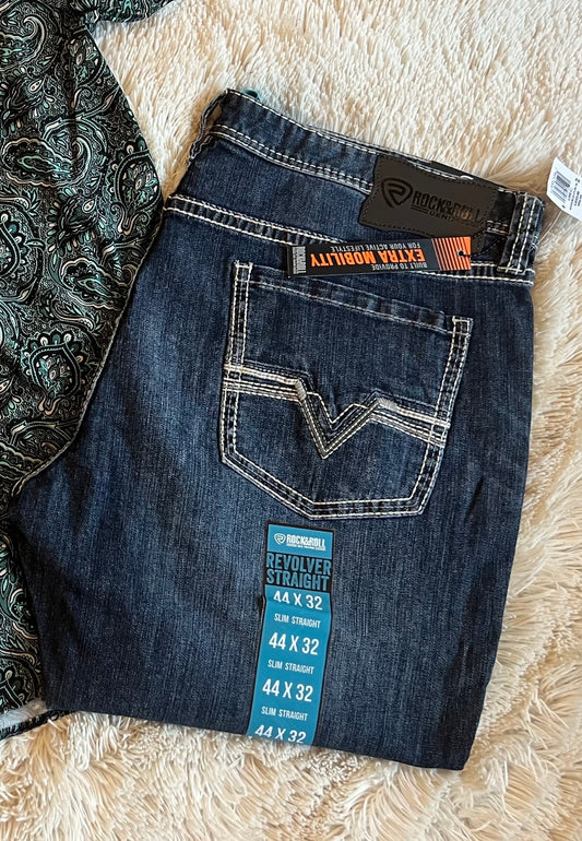 Rock&Roll Denim Two Tone Pleather Revolver Straight Jeans - Dark Vintage