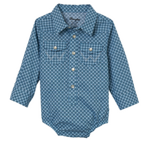 Load image into Gallery viewer, Wrangler Baby Boy&#39;s Stone Blue Navy &amp; White Floral Geo Long Sleeve Western Onesie
