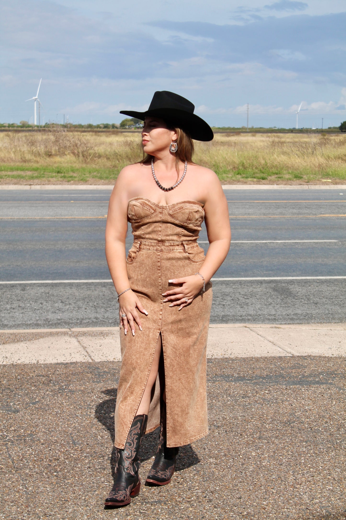 Denim Strapless Maxi Dress- Camel 🤠