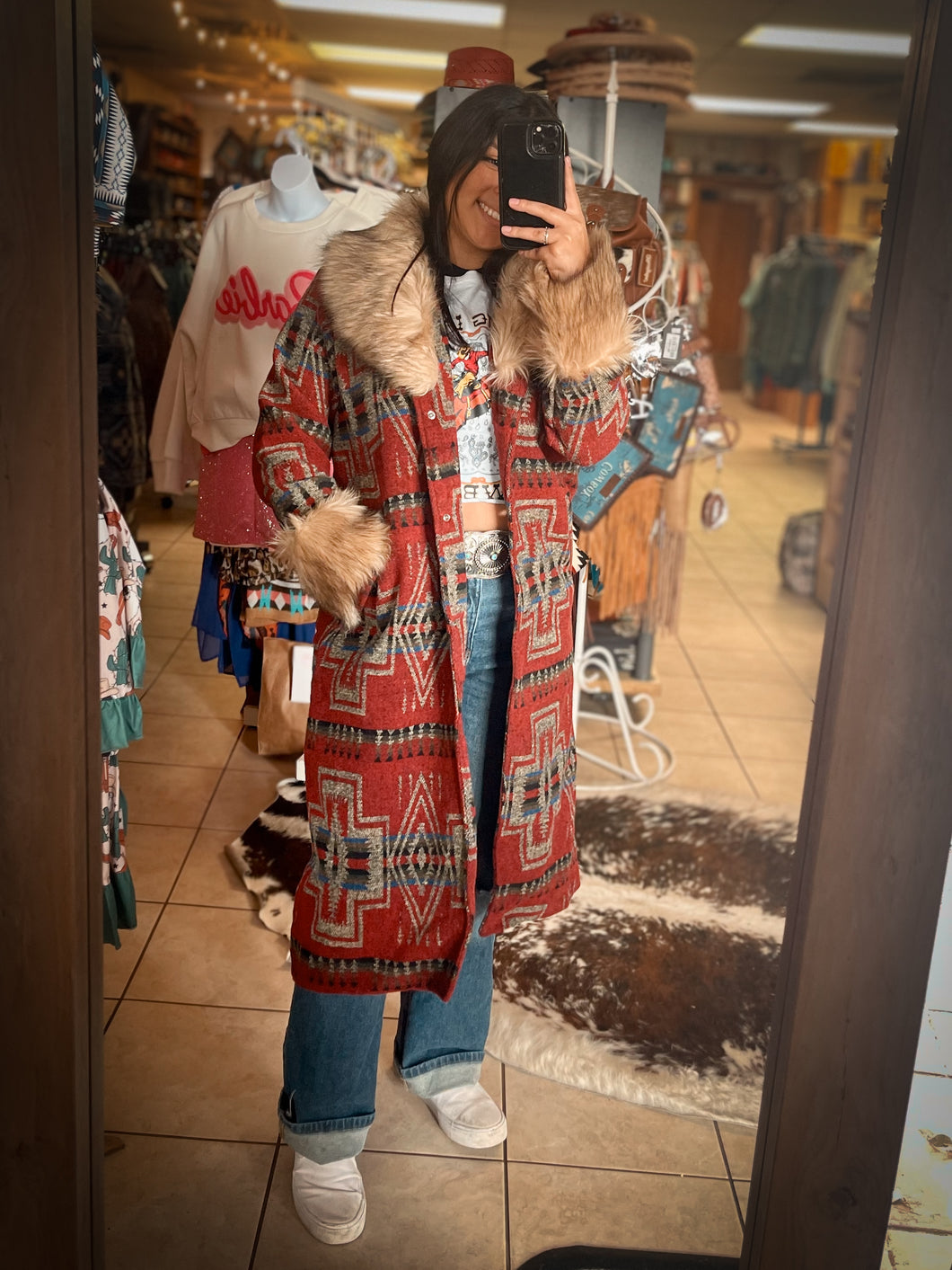 Red Aztec Long Coat w/ Fur Collar
