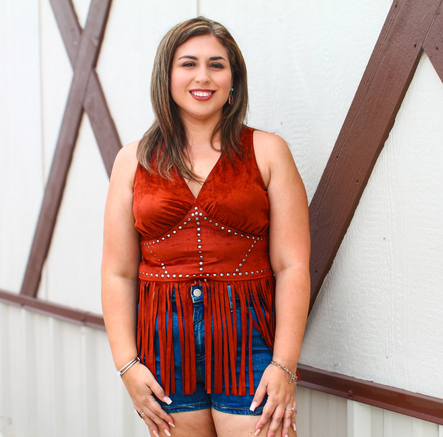 Rock&Roll Women's Brown Studded Fringe Top