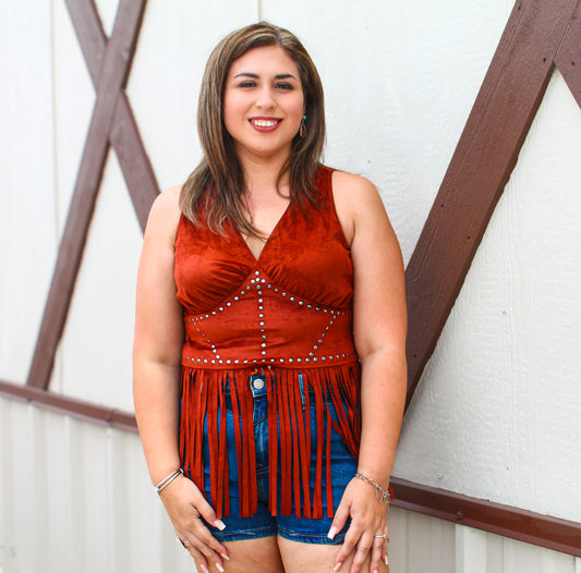 Women’s R&R Brown Studded Fringe Top