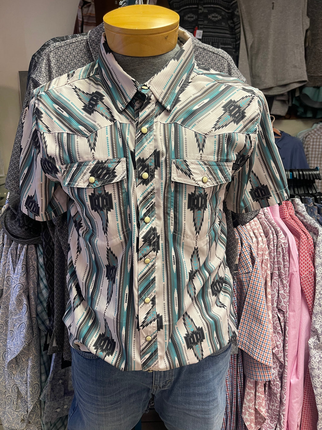 Rock & Roll Men's Teal/grey Aztec Pearlsnap