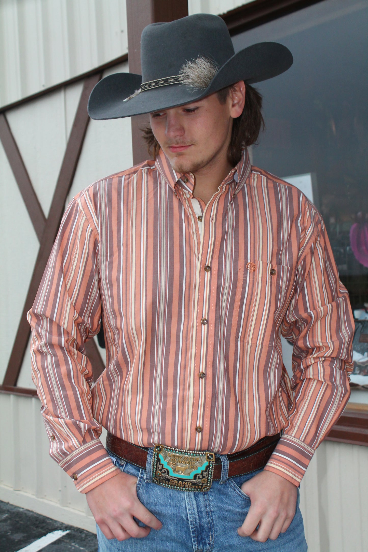 Men’s Wrangler George Strait Brown Striped Long Sleeve