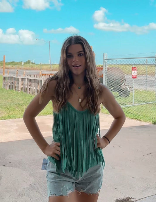 Rock & Roll Teal Fringe Top