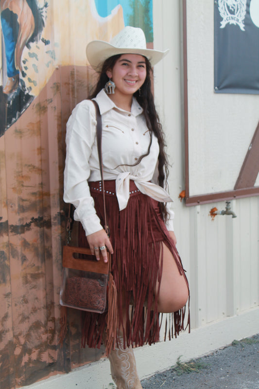 Midi Microsuede Fringe Skirt-Wine