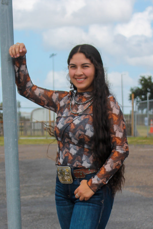 Rock & Roll Horse Print Mesh Top