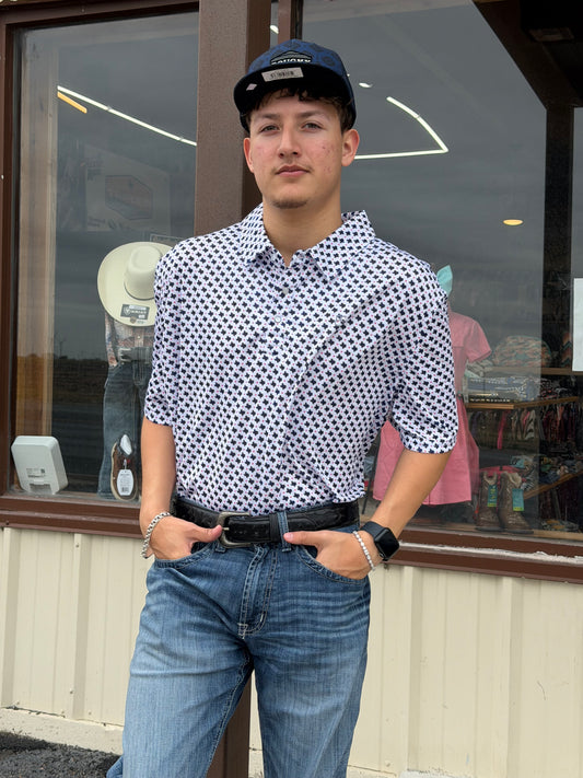 Men’s Panhandle Blue mini Texas print polo ☑️
