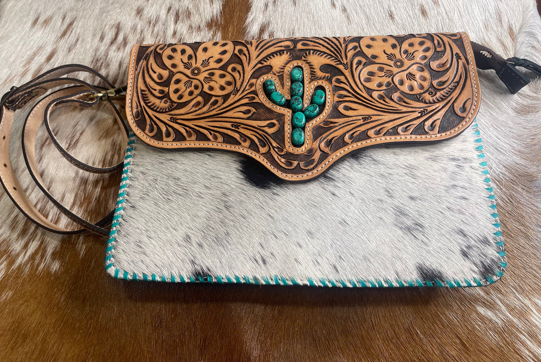 Cowhide Floral Tooled Crossbody Bag