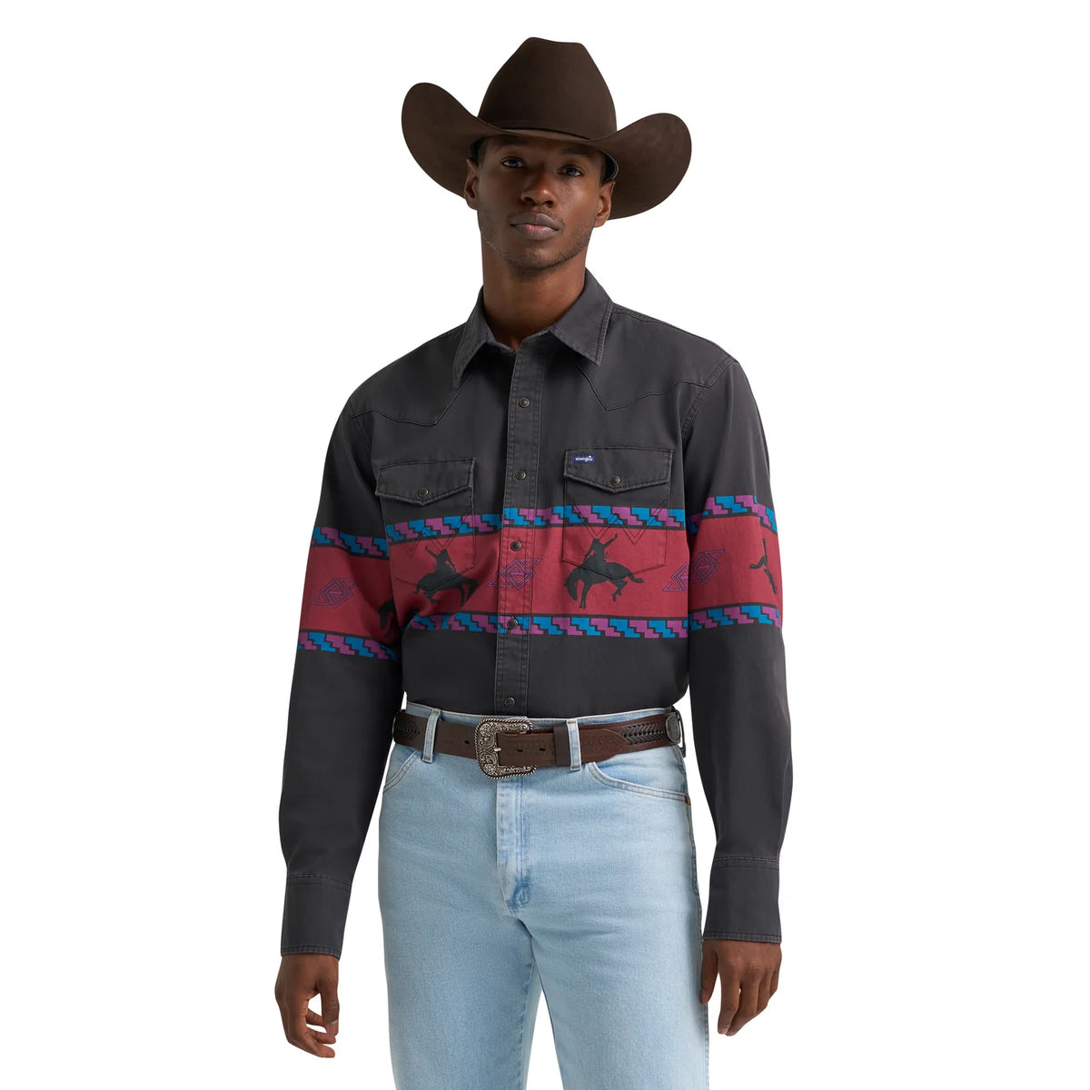 Wrangler Men's Vintage Inspired Black Border Print Snap Longsleeve Shirt 🤠