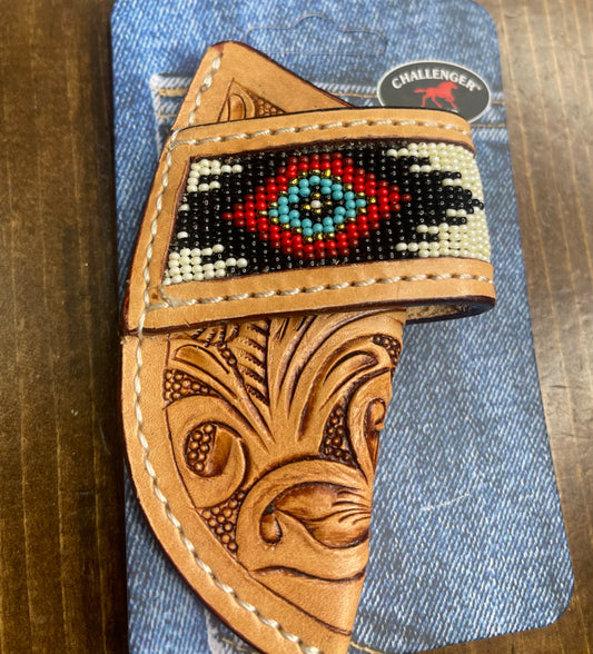 Western Floral Tooled Knife Sheath W/ Diamond Bead Detail