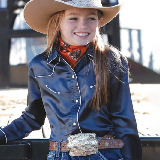 Girls Navy Blue Satin Long sleeve Button Down
