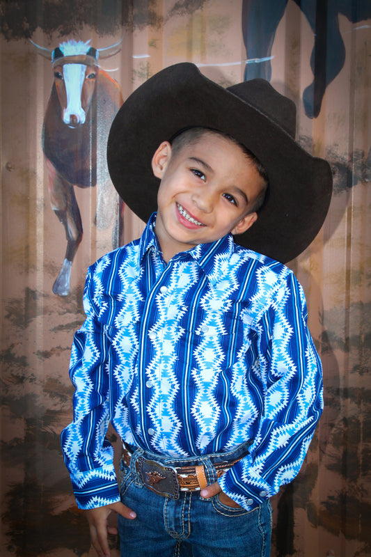 Wrangler Boy's Checotah Aztec Blue Snap Button Down