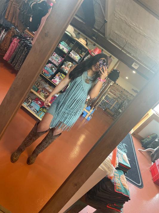 R&R Washed Blue Fringe Dress