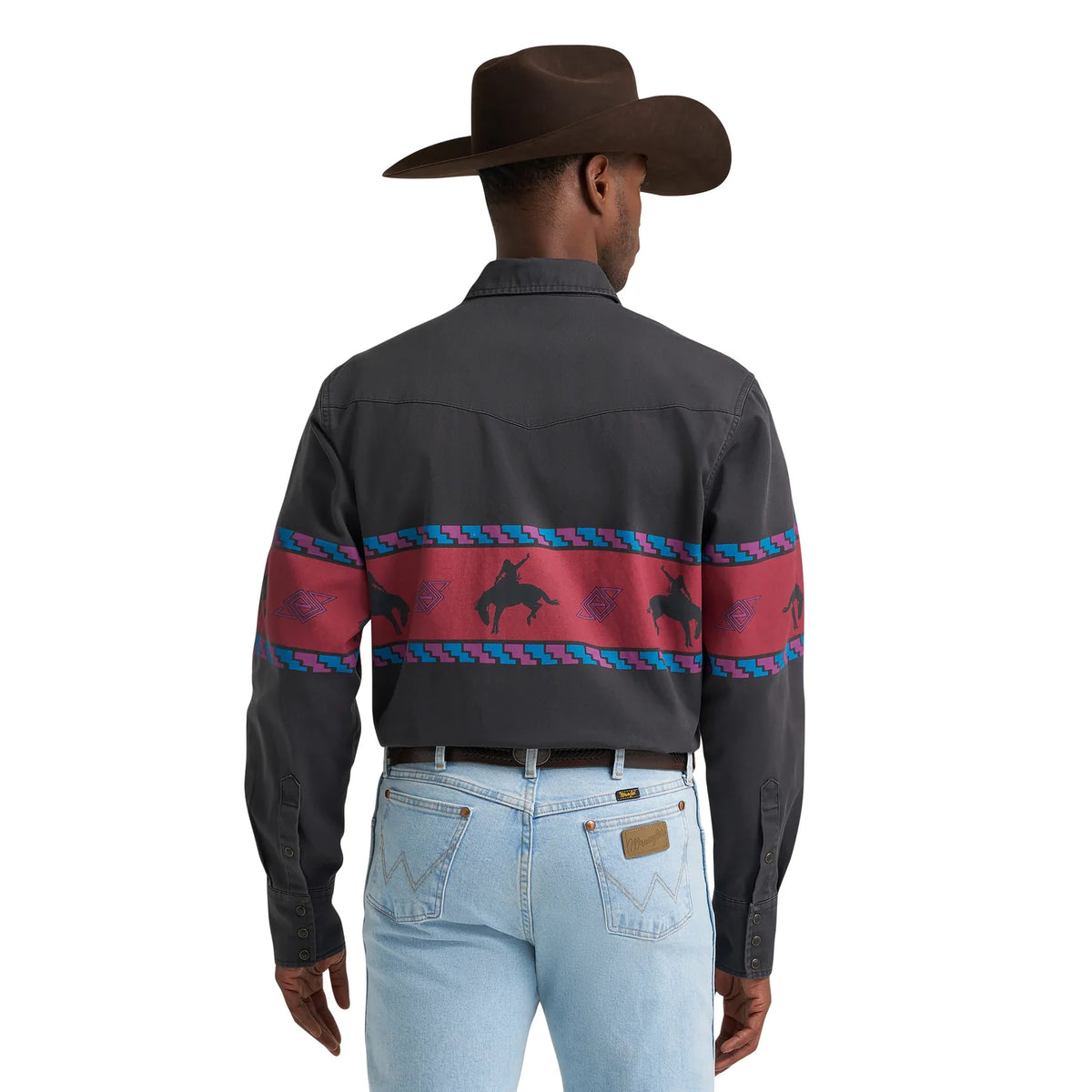 Wrangler Men's Vintage Inspired Black Border Print Snap Longsleeve Shirt 🤠