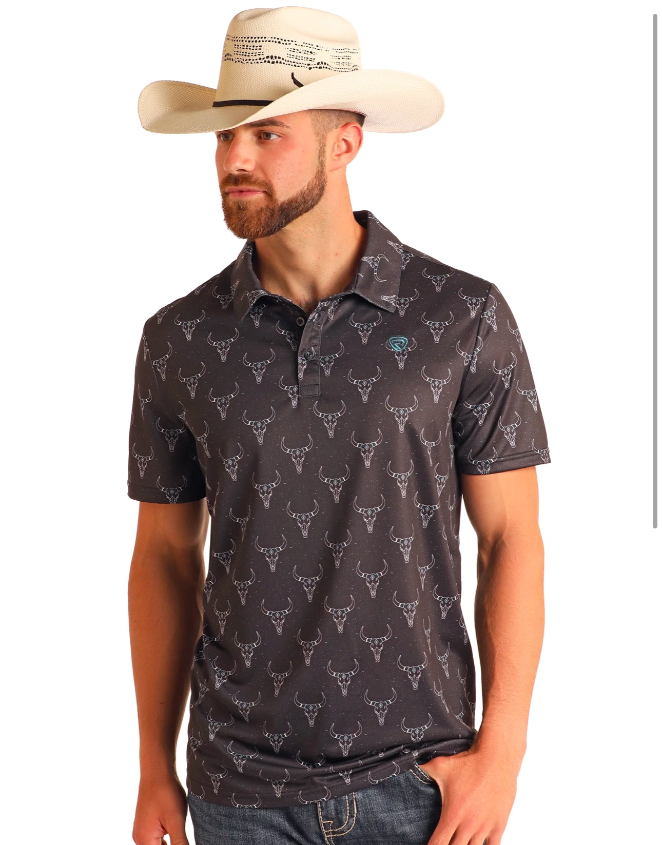 Rock&Roll Denim Longhorn Printed Polo - Black