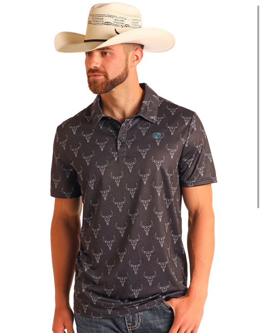Rock&Roll Denim Longhorn Printed Polo - Black