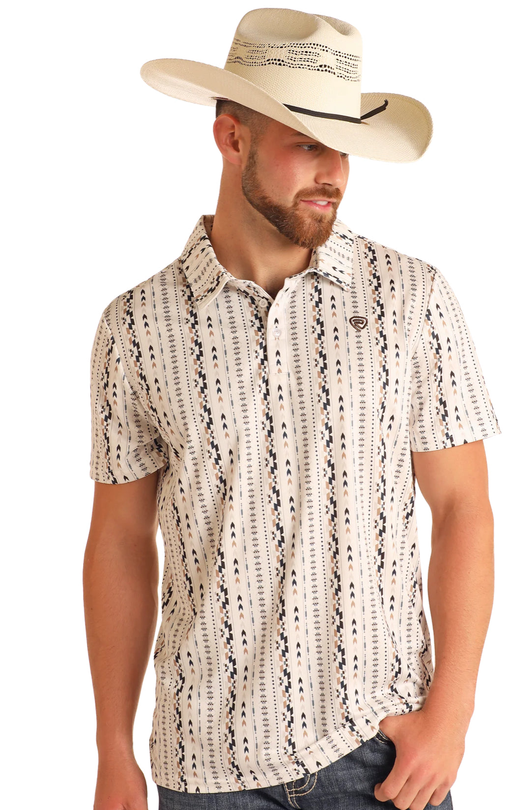 Rock&Roll Denim Aztec Printed Polo- Natural