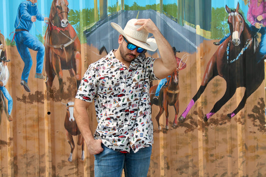CINCH Men's White & Colorful Rodeo Road Print Short Sleeve Camp Shirt