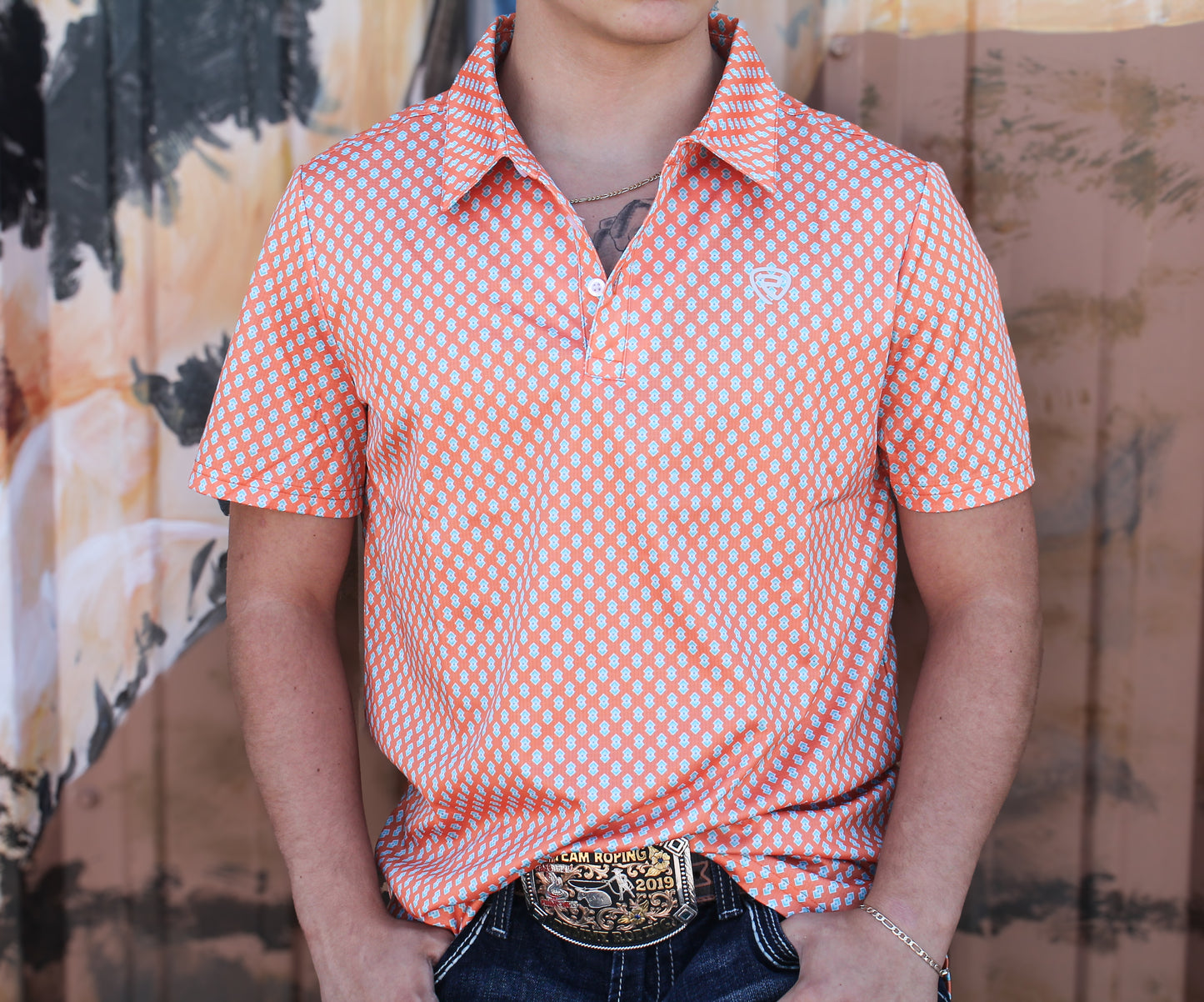 R&R Men's Orange Geo Polo