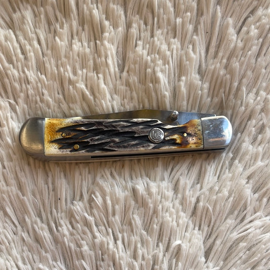 Whiskey Bent Carved Burnt Bone Trapper Lock Knife