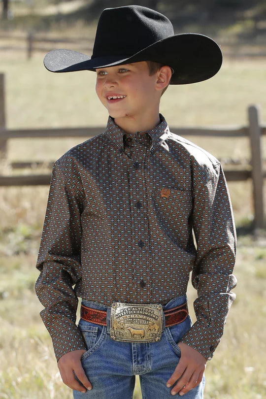 Cinch Boy's Geo Brown Long-sleeve Top