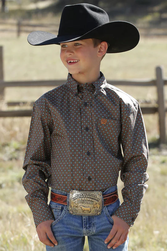Cinch Boy's Geo Brown Long-sleeve Top