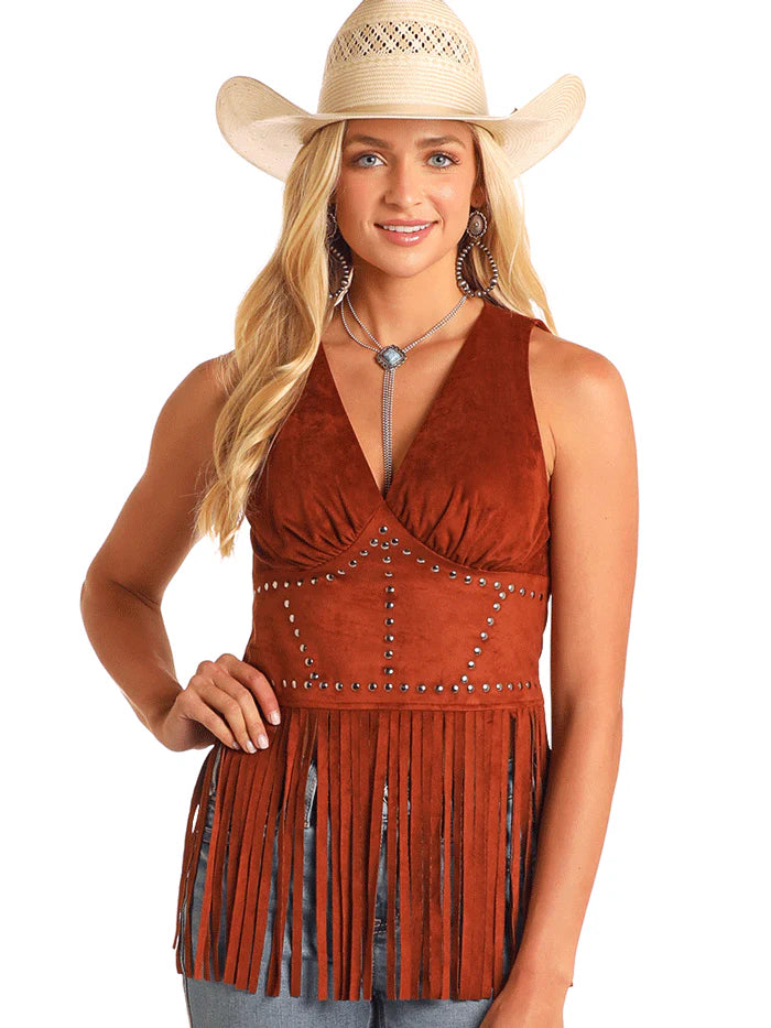 Women’s R&R Brown Studded Fringe Top