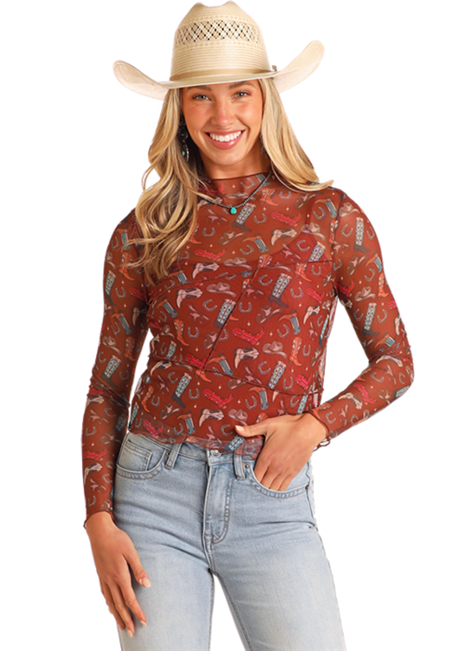 Rock&Roll Women's Boot Print Mesh Top