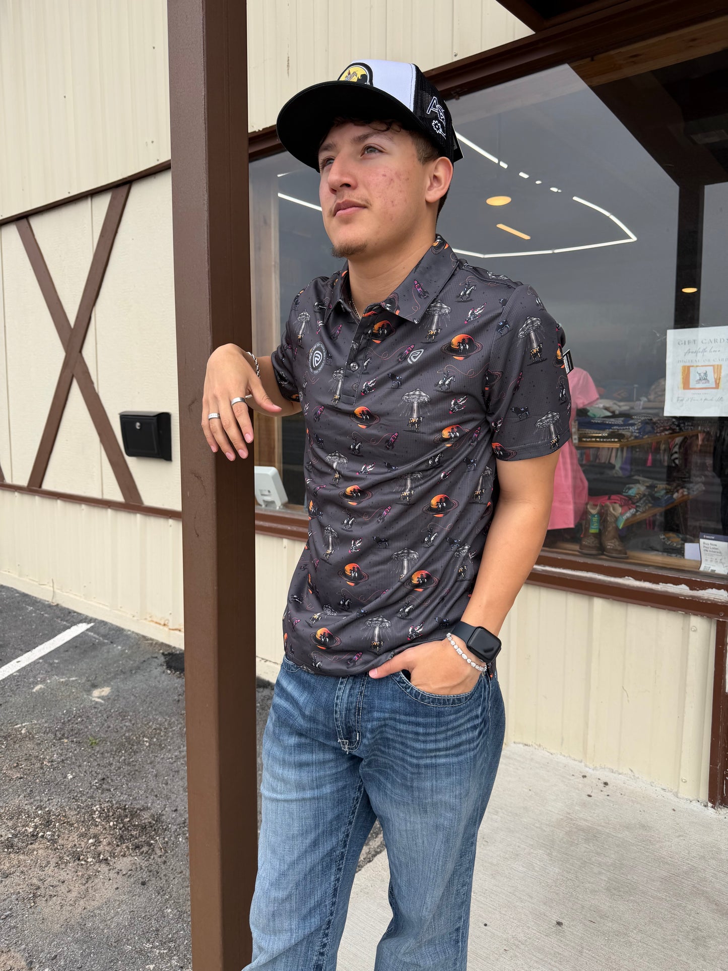 Mens Rock &Roll Space Cowboy Printed Polo