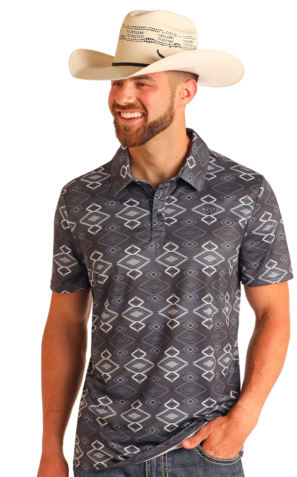 Rock&Roll Denim Aztec Printed Polo - Black