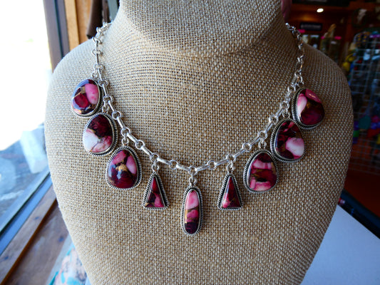 Pink Dahlia 9 stone Paperclip Chain Necklace