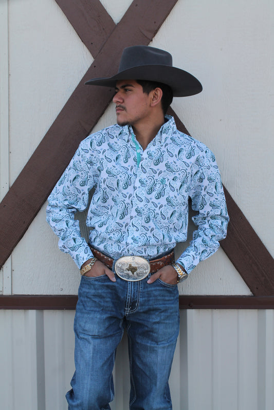 GEORGE STRAIT BY WRANGLER MEN'S PAISLEY PRINT LONG SLEEVE BUTTON-DOWN STRETCH WESTERN SHIRT 👕