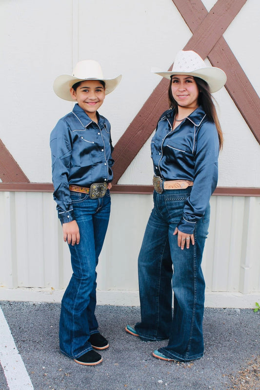 Women's Navy Blue Satin Long Sleeve