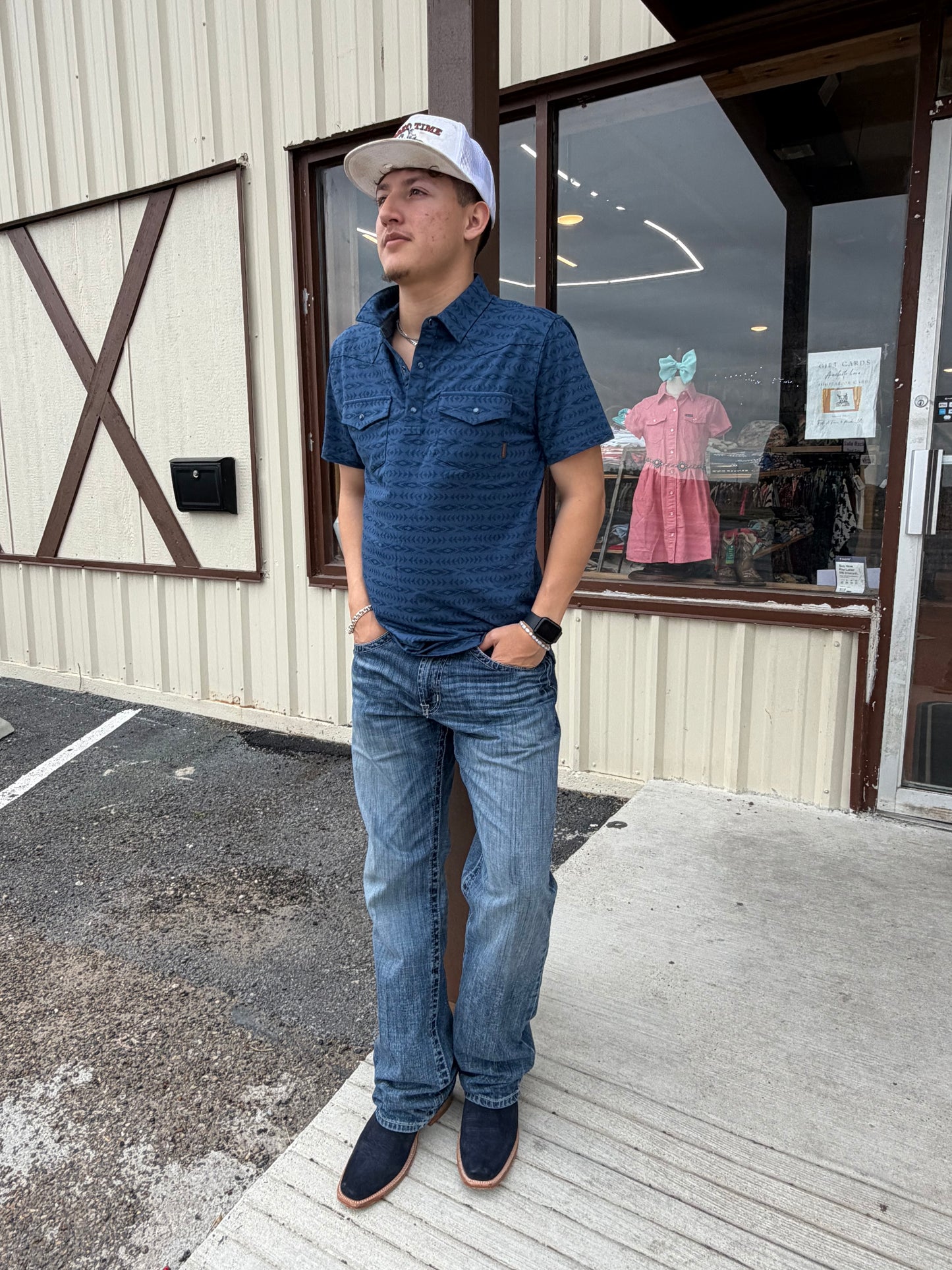 Ariat Mens Retro Western Snap Polo Shirt Dark Denim☑️