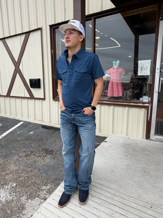 Ariat Mens Retro Western Snap Polo Shirt Dark Denim☑️