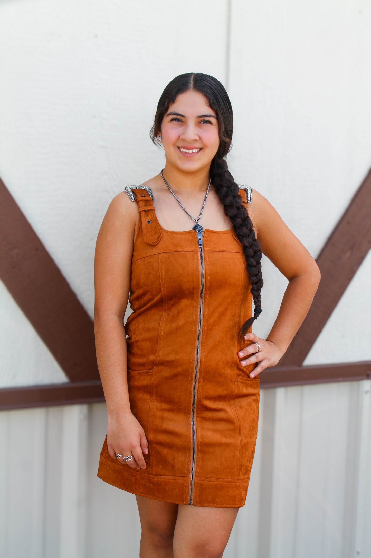 Suede Western Buckle Mini Dress- TAN